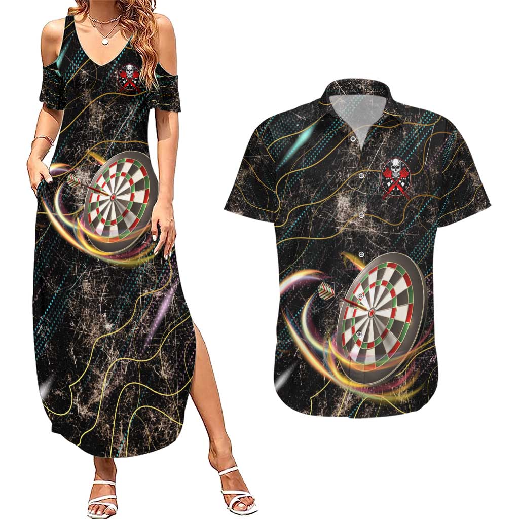Personalized Skull and Darts Graphic Couples Matching Summer Maxi Dress and Hawaiian Shirt with Neon Design - Wonder Print Shop