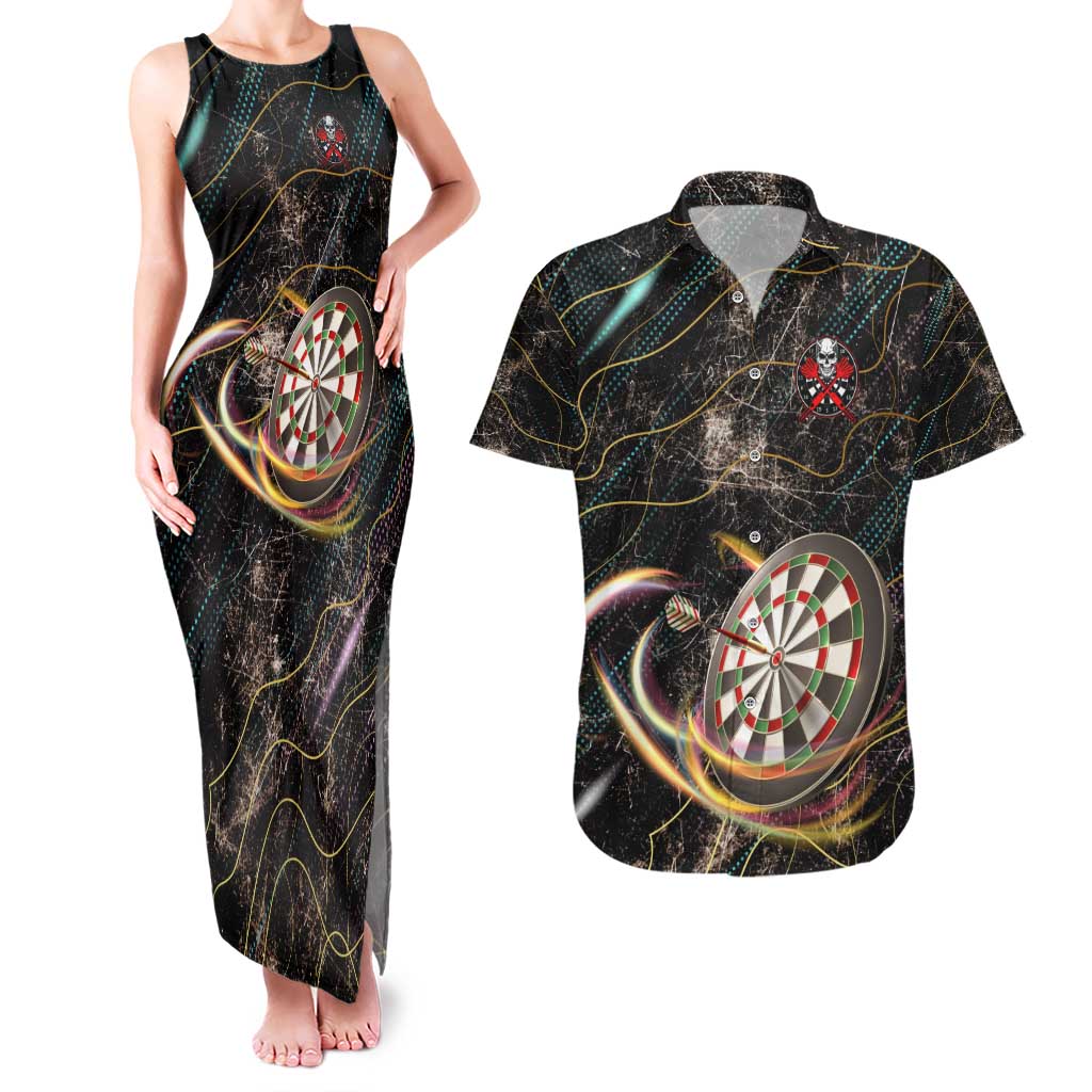 Personalized Skull and Darts Graphic Couples Matching Tank Maxi Dress and Hawaiian Shirt with Neon Design - Wonder Print Shop