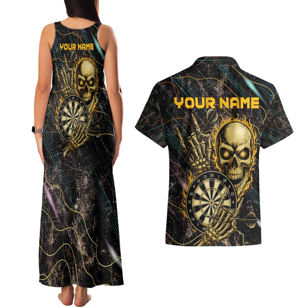 Personalized Skull and Darts Graphic Couples Matching Tank Maxi Dress and Hawaiian Shirt with Neon Design - Wonder Print Shop