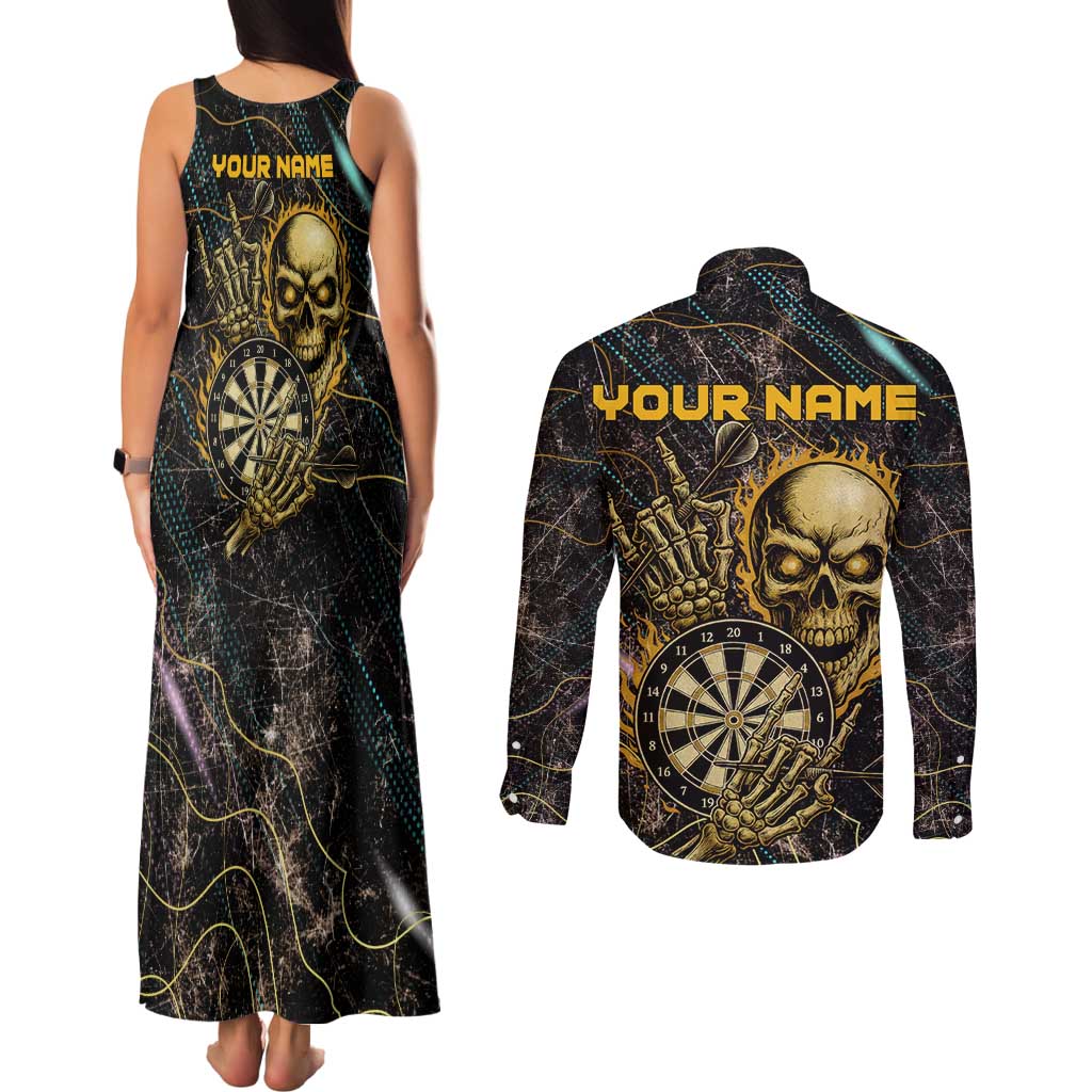 Personalized Skull and Darts Graphic Couples Matching Tank Maxi Dress and Long Sleeve Button Shirt with Neon Design - Wonder Print Shop
