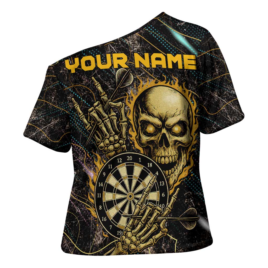 Personalized Skull and Darts Graphic Cross Shoulder Shirt with Neon Design - Wonder Print Shop