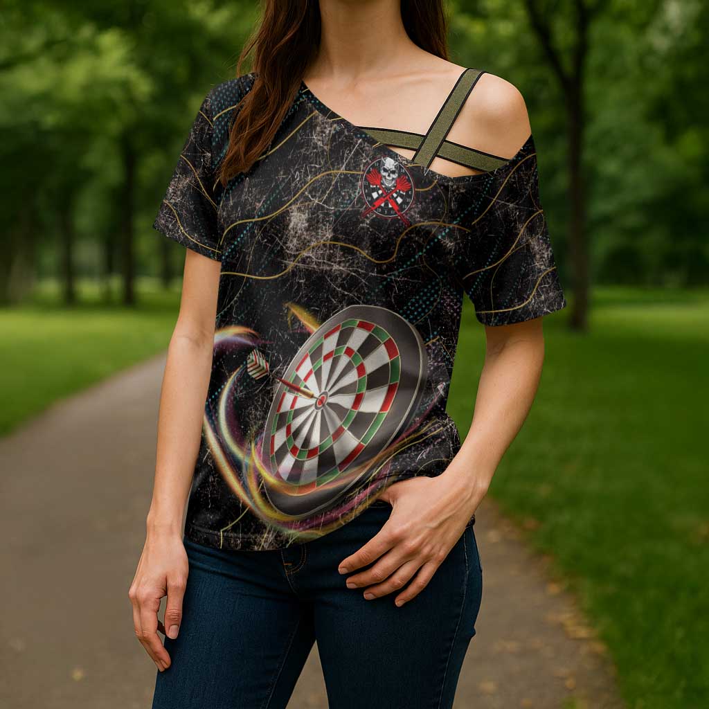 Personalized Skull and Darts Graphic Cross Shoulder Shirt with Neon Design - Wonder Print Shop