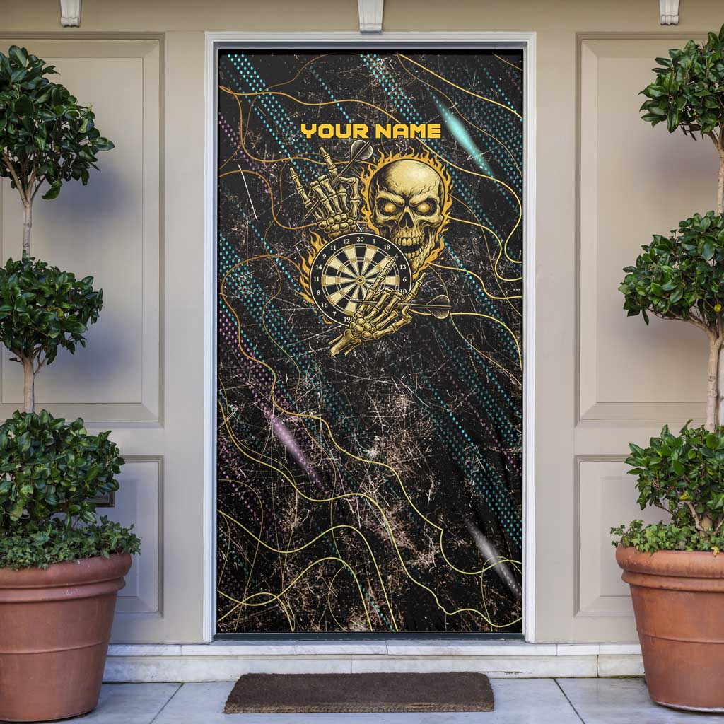 Personalized Skull and Darts Graphic Door Cover with Neon Design - Wonder Print Shop