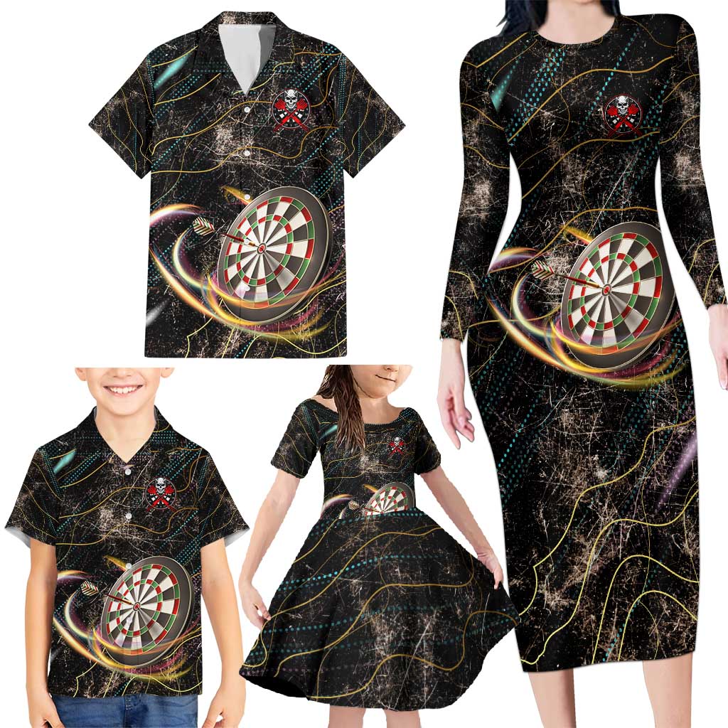 Personalized Skull and Darts Graphic Family Matching Long Sleeve Bodycon Dress and Hawaiian Shirt with Neon Design - Wonder Print Shop