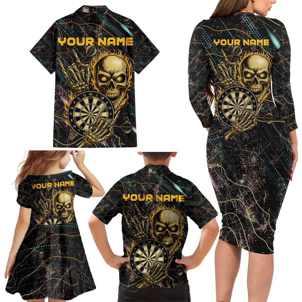 Personalized Skull and Darts Graphic Family Matching Long Sleeve Bodycon Dress and Hawaiian Shirt with Neon Design - Wonder Print Shop