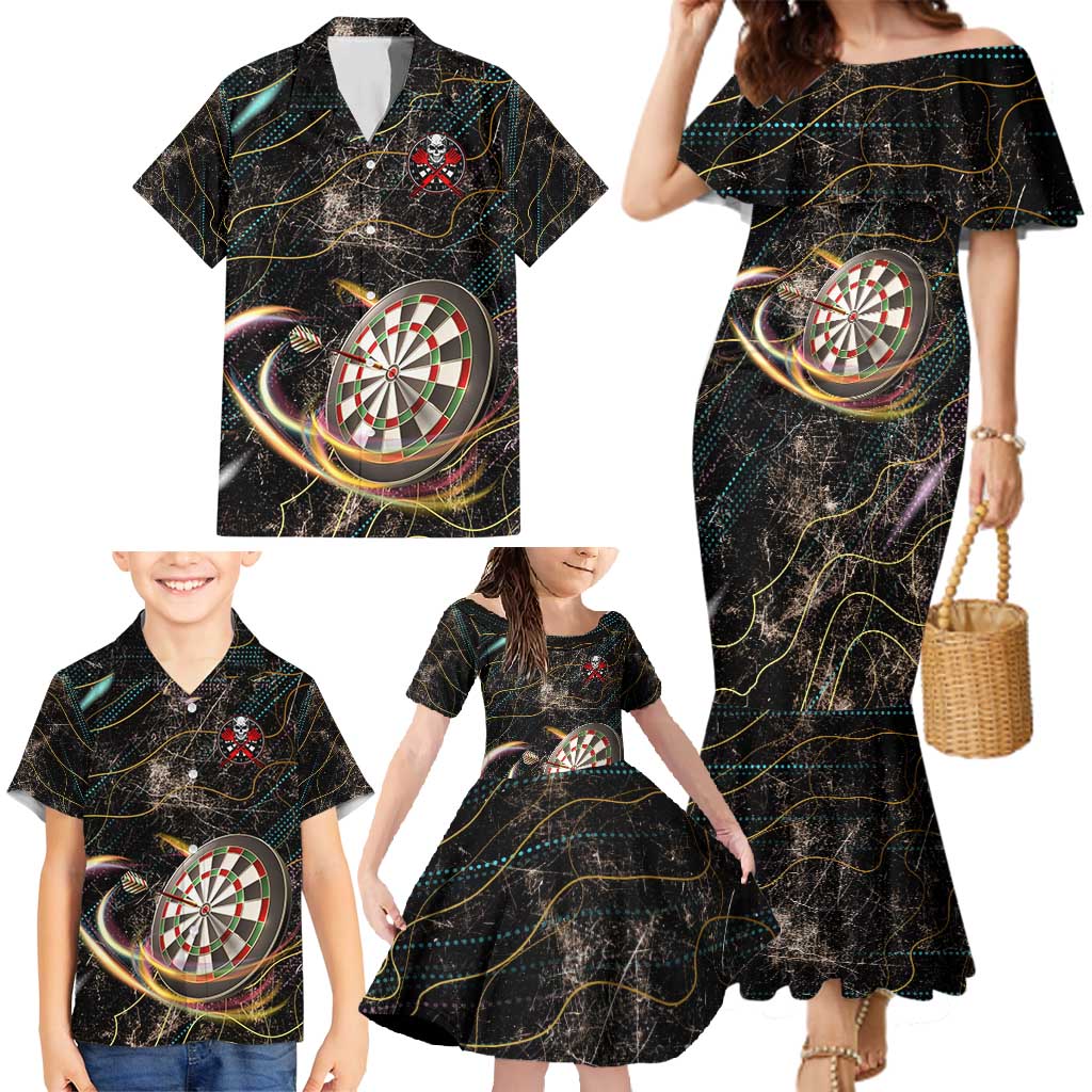 Personalized Skull and Darts Graphic Family Matching Mermaid Dress and Hawaiian Shirt with Neon Design - Wonder Print Shop