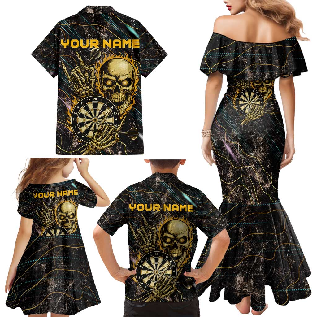 Personalized Skull and Darts Graphic Family Matching Mermaid Dress and Hawaiian Shirt with Neon Design - Wonder Print Shop