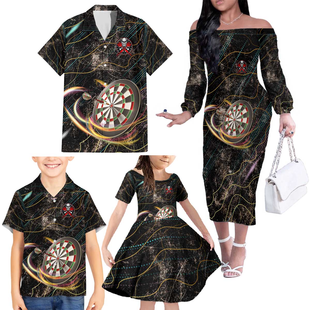 Personalized Skull and Darts Graphic Family Matching Off The Shoulder Long Sleeve Dress and Hawaiian Shirt with Neon Design - Wonder Print Shop