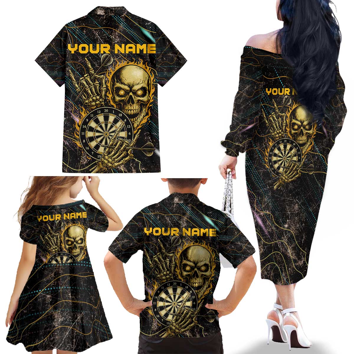 Personalized Skull and Darts Graphic Family Matching Off The Shoulder Long Sleeve Dress and Hawaiian Shirt with Neon Design - Wonder Print Shop