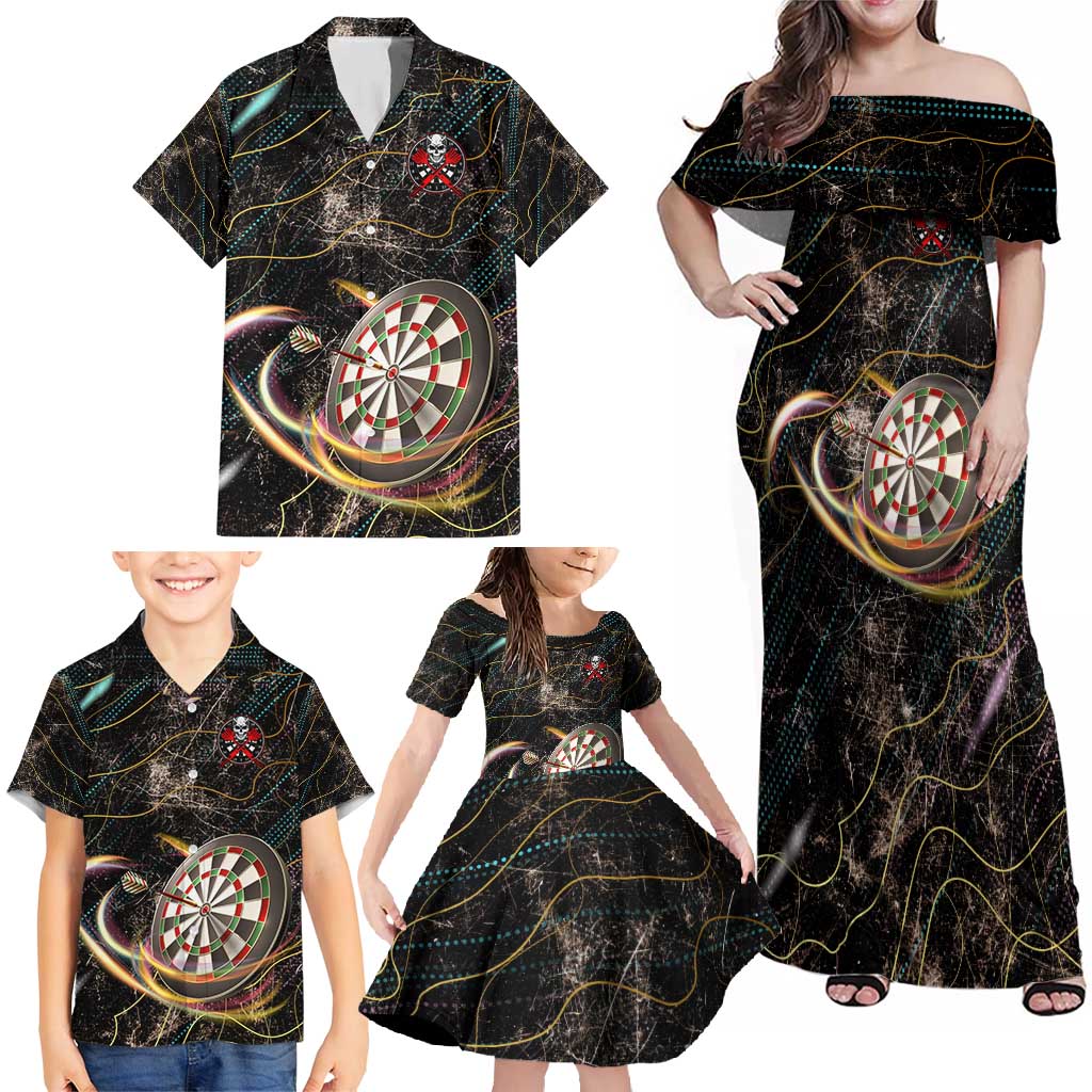 Personalized Skull and Darts Graphic Family Matching Off Shoulder Maxi Dress and Hawaiian Shirt with Neon Design - Wonder Print Shop