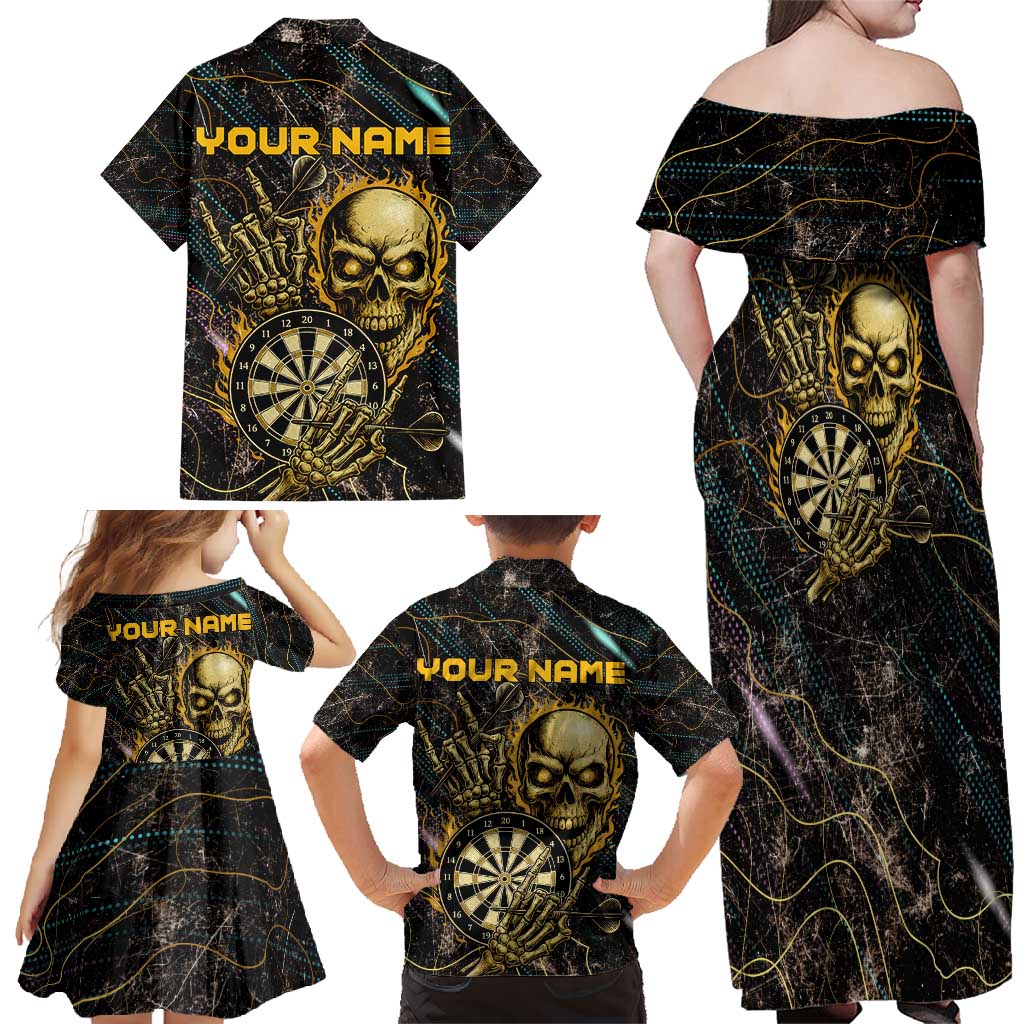 Personalized Skull and Darts Graphic Family Matching Off Shoulder Maxi Dress and Hawaiian Shirt with Neon Design - Wonder Print Shop