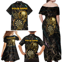 Personalized Skull and Darts Graphic Family Matching Off Shoulder Maxi Dress and Hawaiian Shirt with Neon Design - Wonder Print Shop