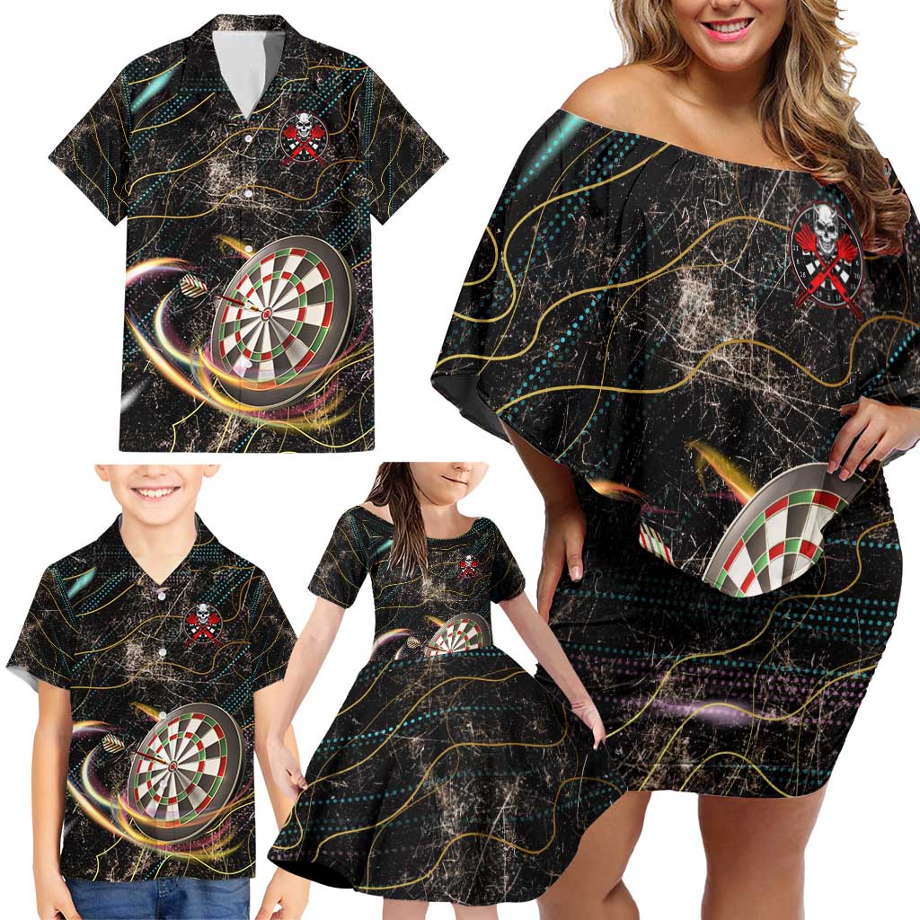 Personalized Skull and Darts Graphic Family Matching Off Shoulder Short Dress and Hawaiian Shirt with Neon Design - Wonder Print Shop