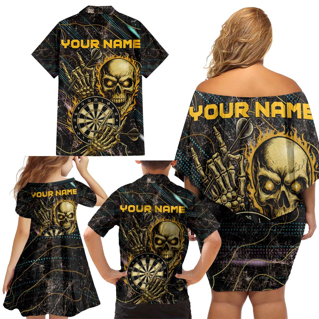 Personalized Skull and Darts Graphic Family Matching Off Shoulder Short Dress and Hawaiian Shirt with Neon Design - Wonder Print Shop