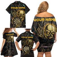 Personalized Skull and Darts Graphic Family Matching Off Shoulder Short Dress and Hawaiian Shirt with Neon Design - Wonder Print Shop