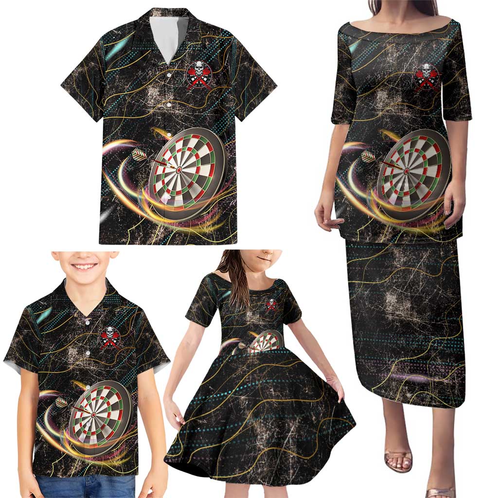 Personalized Skull and Darts Graphic Family Matching Puletasi and Hawaiian Shirt with Neon Design - Wonder Print Shop