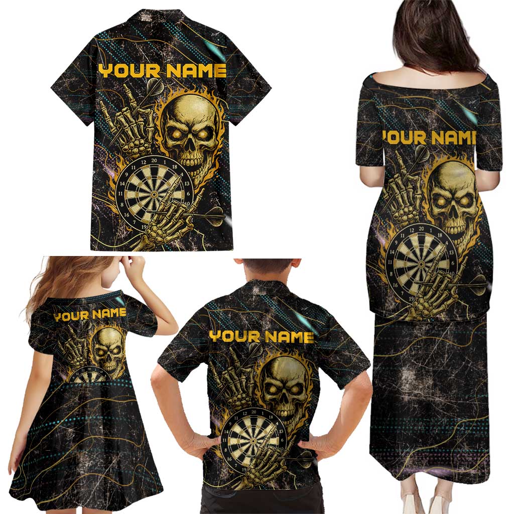 Personalized Skull and Darts Graphic Family Matching Puletasi and Hawaiian Shirt with Neon Design - Wonder Print Shop