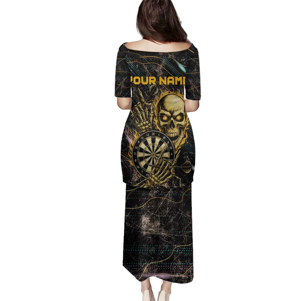 Personalized Skull and Darts Graphic Family Matching Puletasi and Hawaiian Shirt with Neon Design - Wonder Print Shop