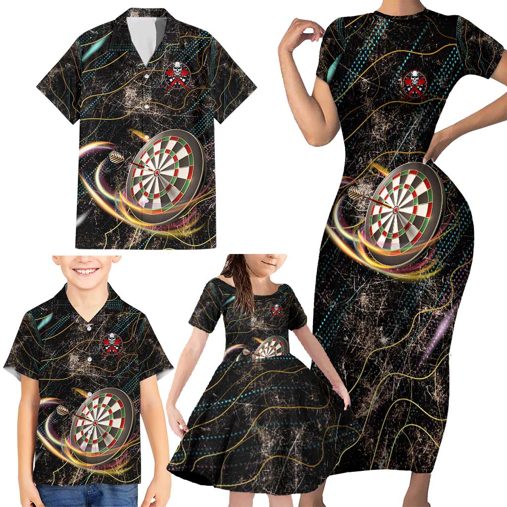 Personalized Skull and Darts Graphic Family Matching Short Sleeve Bodycon Dress and Hawaiian Shirt with Neon Design - Wonder Print Shop