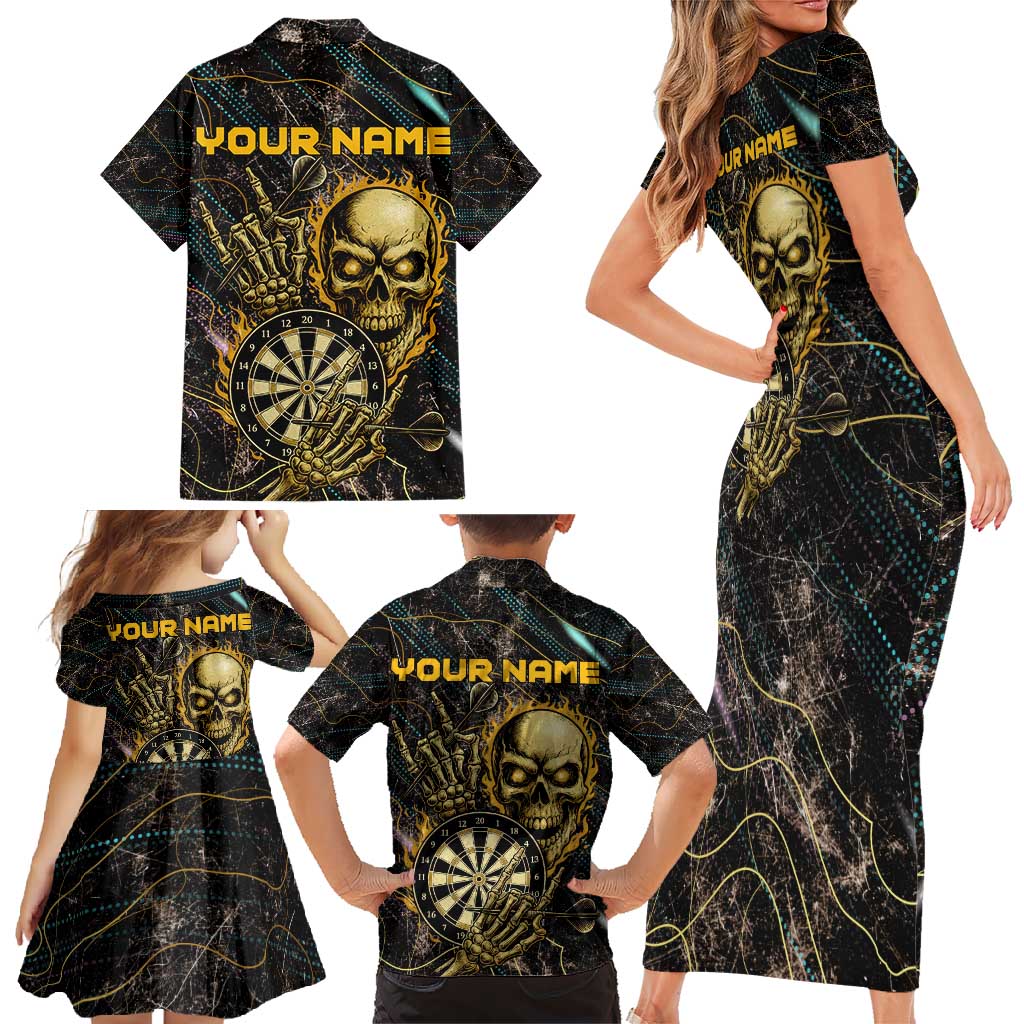 Personalized Skull and Darts Graphic Family Matching Short Sleeve Bodycon Dress and Hawaiian Shirt with Neon Design - Wonder Print Shop