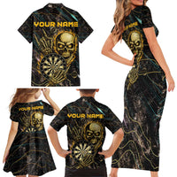 Personalized Skull and Darts Graphic Family Matching Short Sleeve Bodycon Dress and Hawaiian Shirt with Neon Design - Wonder Print Shop