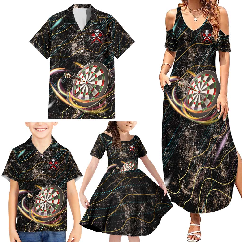 Personalized Skull and Darts Graphic Family Matching Summer Maxi Dress and Hawaiian Shirt with Neon Design - Wonder Print Shop