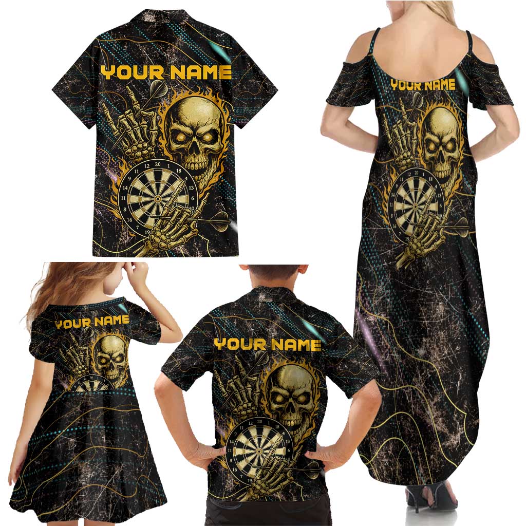 Personalized Skull and Darts Graphic Family Matching Summer Maxi Dress and Hawaiian Shirt with Neon Design - Wonder Print Shop