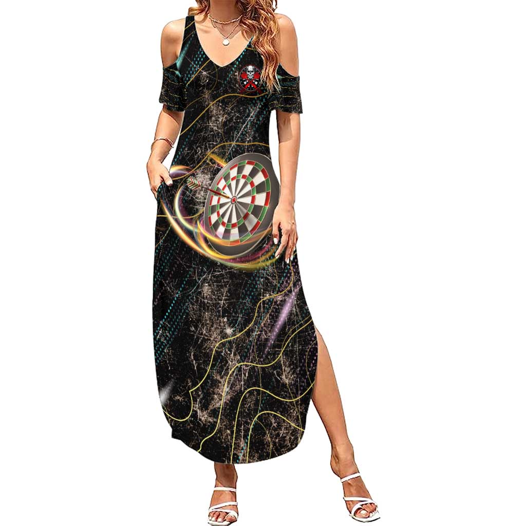 Personalized Skull and Darts Graphic Family Matching Summer Maxi Dress and Hawaiian Shirt with Neon Design - Wonder Print Shop