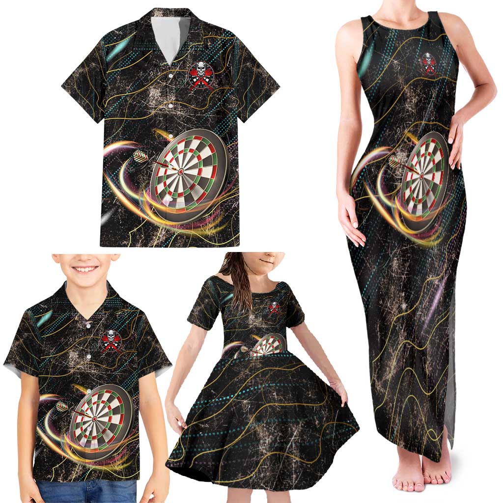 Personalized Skull and Darts Graphic Family Matching Tank Maxi Dress and Hawaiian Shirt with Neon Design - Wonder Print Shop