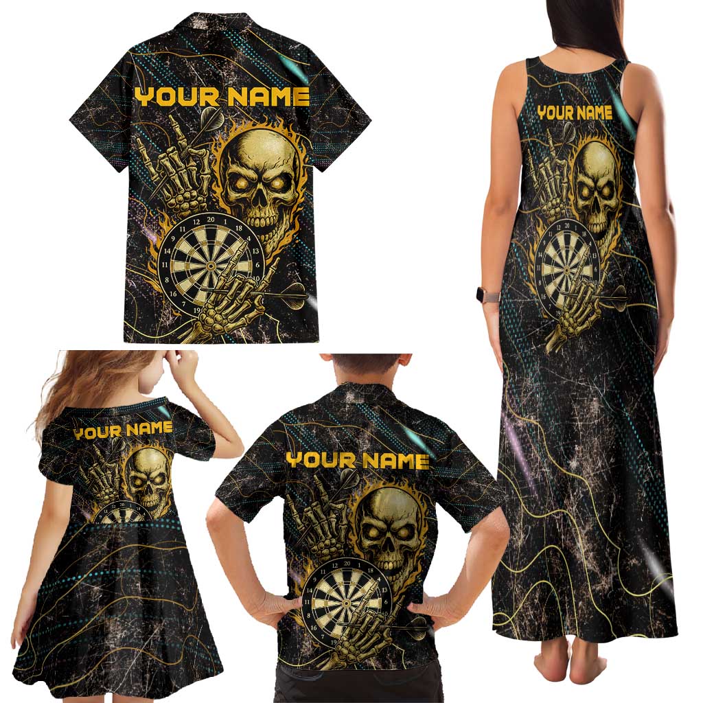 Personalized Skull and Darts Graphic Family Matching Tank Maxi Dress and Hawaiian Shirt with Neon Design - Wonder Print Shop