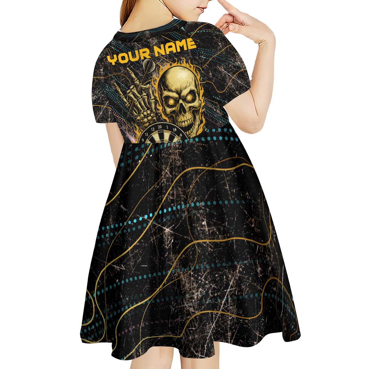 Personalized Skull and Darts Graphic Kid Short Sleeve Dress with Neon Design - Wonder Print Shop