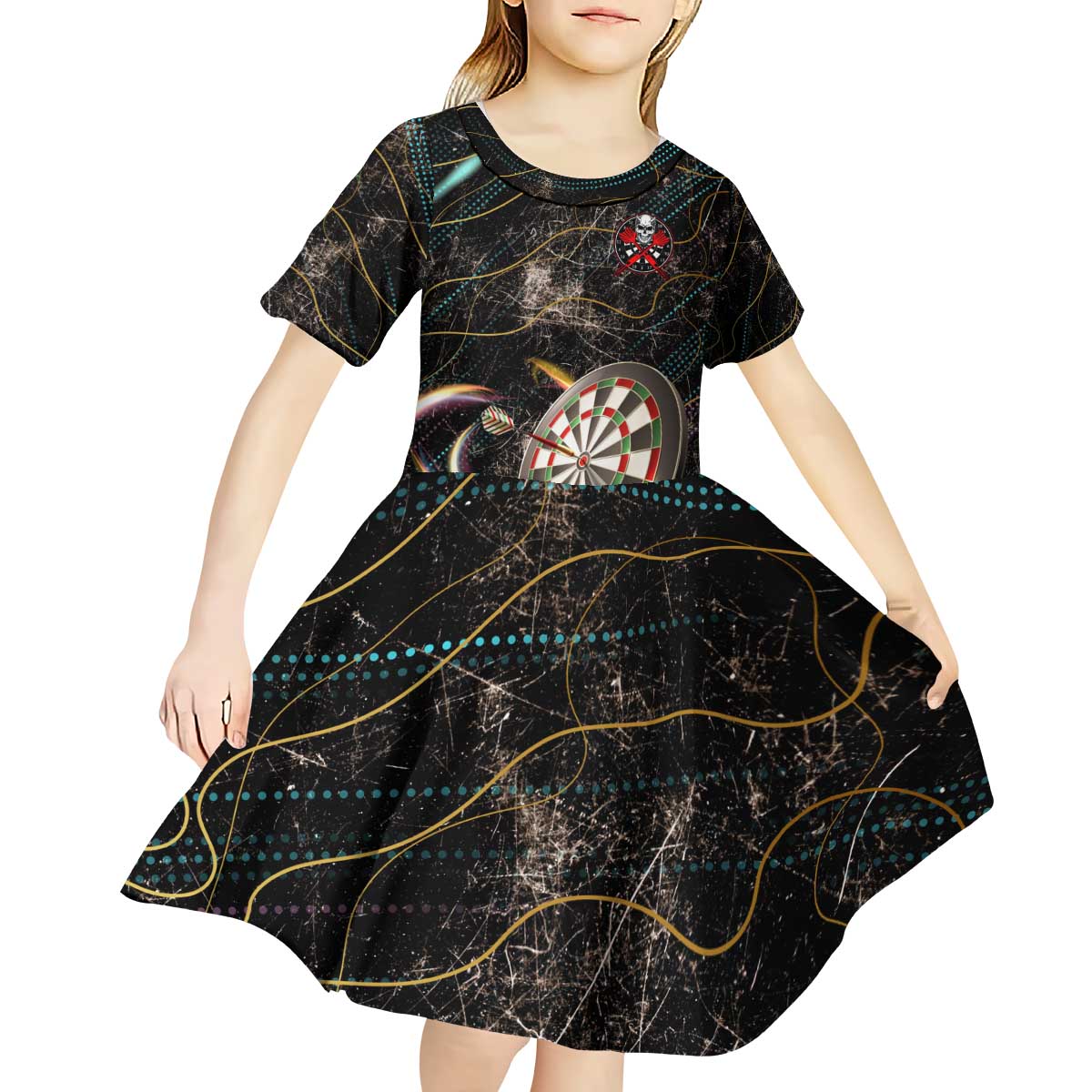 Personalized Skull and Darts Graphic Kid Short Sleeve Dress with Neon Design - Wonder Print Shop