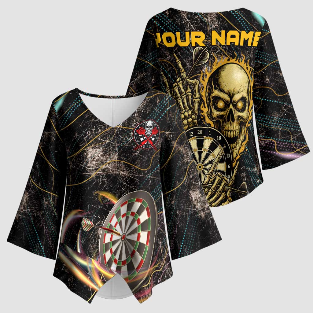 Personalized Skull and Darts Graphic Kimono Sleeve Blouse with Neon Design - Wonder Print Shop