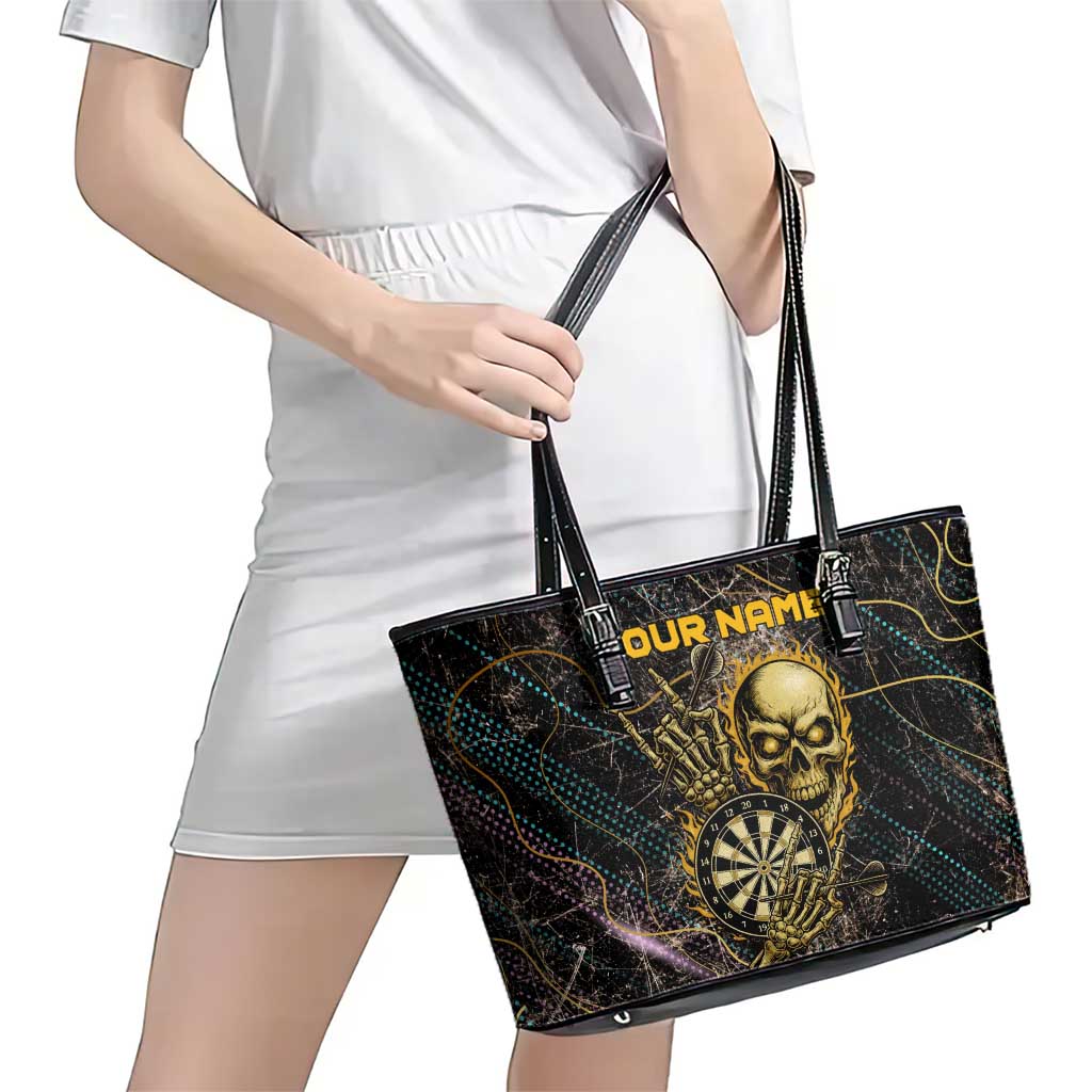 Personalized Skull and Darts Graphic Leather Tote Bag with Neon Design - Wonder Print Shop