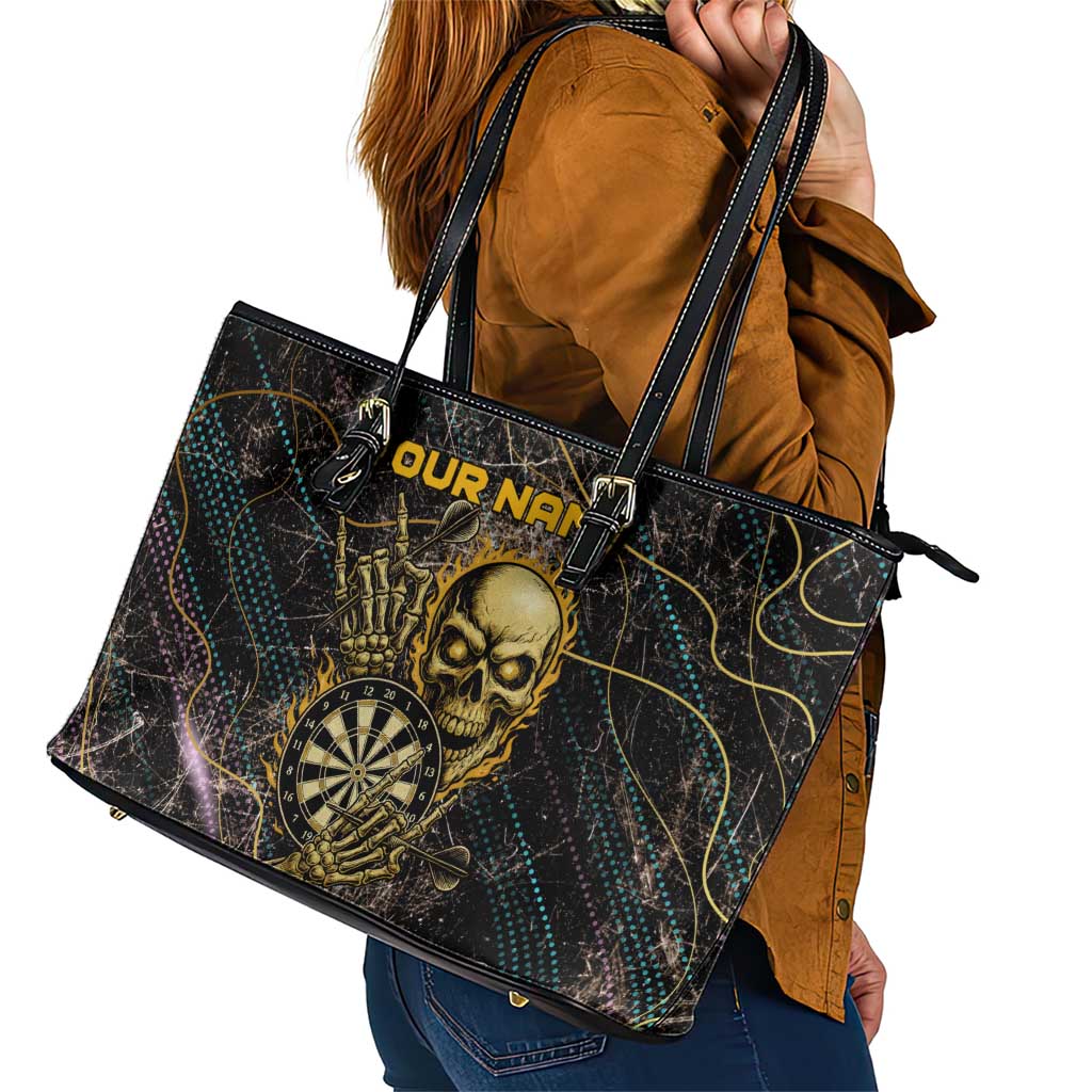 Personalized Skull and Darts Graphic Leather Tote Bag with Neon Design - Wonder Print Shop