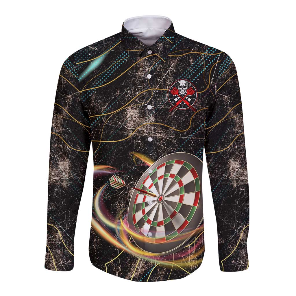 Personalized Skull and Darts Graphic Long Sleeve Button Shirt with Neon Design - Wonder Print Shop