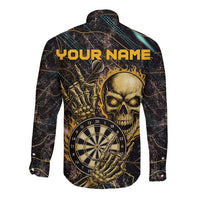 Personalized Skull and Darts Graphic Long Sleeve Button Shirt with Neon Design - Wonder Print Shop
