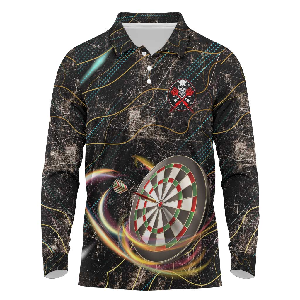 Personalized Skull and Darts Graphic Long Sleeve Polo Shirt with Neon Design - Wonder Print Shop
