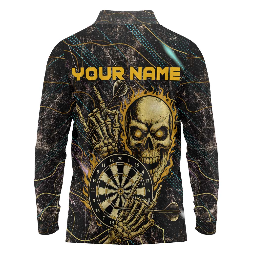Personalized Skull and Darts Graphic Long Sleeve Polo Shirt with Neon Design - Wonder Print Shop