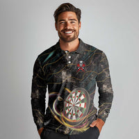 Personalized Skull and Darts Graphic Long Sleeve Polo Shirt with Neon Design - Wonder Print Shop