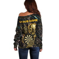 Personalized Skull and Darts Graphic Off Shoulder Sweater with Neon Design - Wonder Print Shop