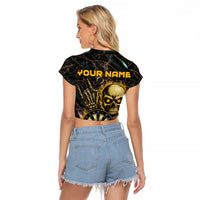 Personalized Skull and Darts Graphic Raglan Cropped T Shirt with Neon Design - Wonder Print Shop