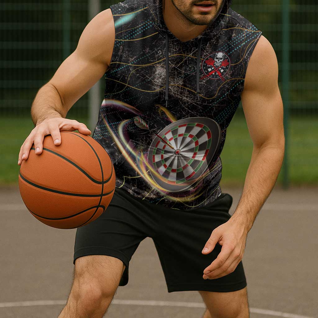Personalized Skull and Darts Graphic Sleeveless Hoodie with Neon Design - Wonder Print Shop