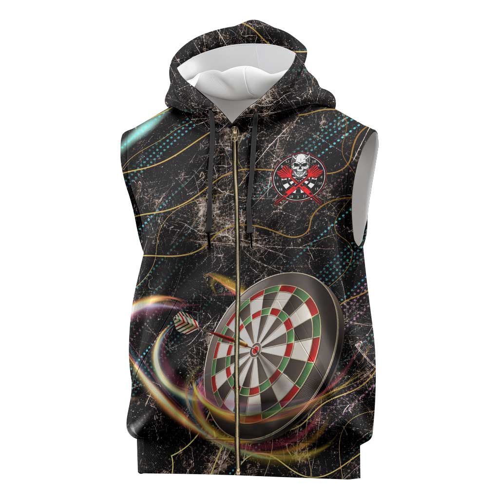 Personalized Skull and Darts Graphic Sleeveless Zip Hoodie with Neon Design - Wonder Print Shop