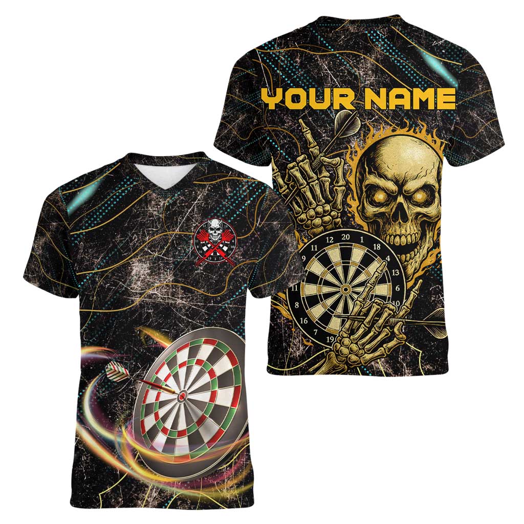 Personalized Skull and Darts Graphic Women V-Neck T-Shirt with Neon Design - Wonder Print Shop