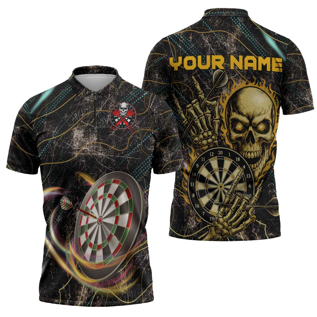 Personalized Skull and Darts Graphic Zipper Polo Shirt with Neon Design - Wonder Print Shop