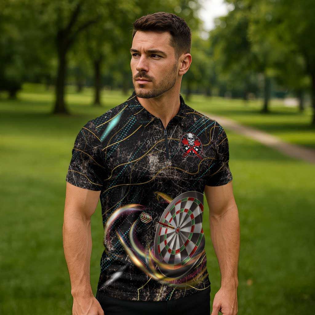 Personalized Skull and Darts Graphic Zipper Polo Shirt with Neon Design - Wonder Print Shop