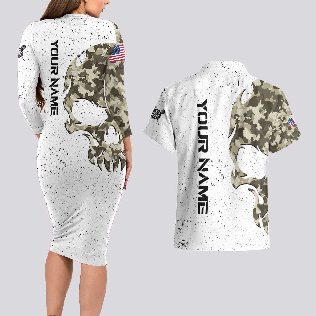 Personalized Camouflage Skull and American Flag Darts Couples Matching Long Sleeve Bodycon Dress and Hawaiian Shirt - Wonder Print Shop