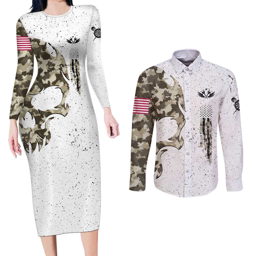 Personalized Camouflage Skull and American Flag Darts Couples Matching Long Sleeve Bodycon Dress and Long Sleeve Button Shirt - Wonder Print Shop