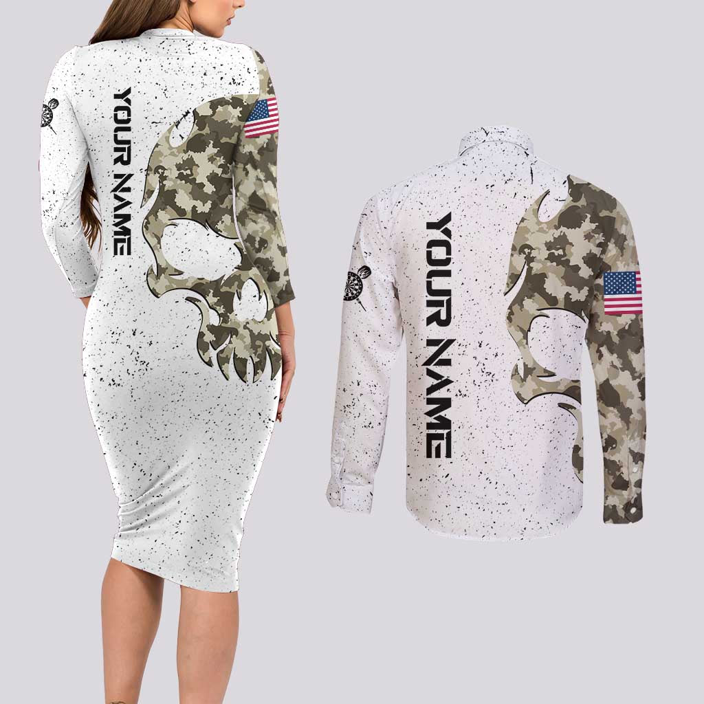 Personalized Camouflage Skull and American Flag Darts Couples Matching Long Sleeve Bodycon Dress and Long Sleeve Button Shirt - Wonder Print Shop